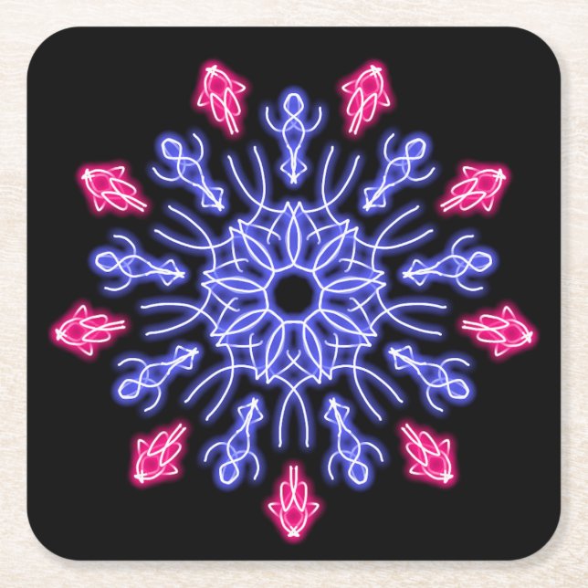 Blue and red neon flower square paper coaster (Front)