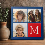 Blue and Red Photo Collage with Monogram Ceramic Tile<br><div class="desc">Use 3 square photos to create a unique and personal gift. If you need to adjust the pictures,  click on the customise tool to make changes.</div>