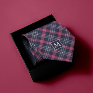 Blue and Red Plaid Pattern Monogrammed Tie