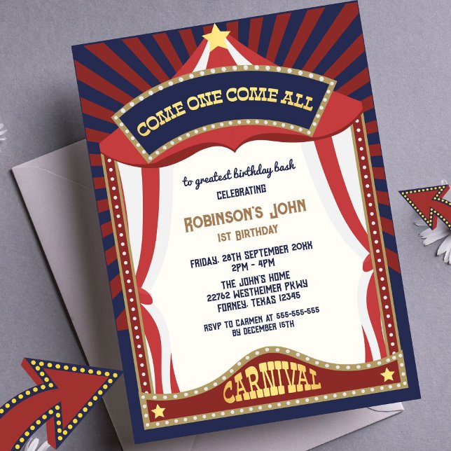 Blue and Red Retro Carnival birthday invitations (Creator Uploaded)