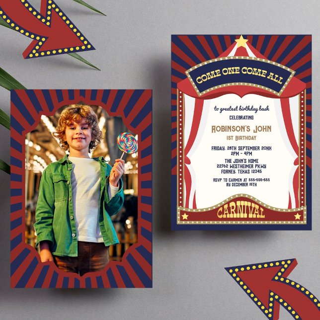 Blue and Red Retro Carnival birthday Photo Invitation (Creator Uploaded)