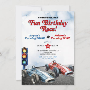 Blue and Red Retro Racing Cars Siblings Birthday Invitation
