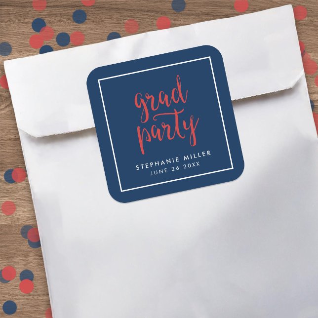 Blue and Red Script Grad Party Square Sticker (Creator Uploaded)