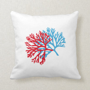 blue and red sea fan coral silhouette cushion