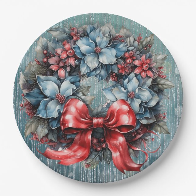 Blue and Red Sparkly Wreath Ribbon Paper Plate (Front)