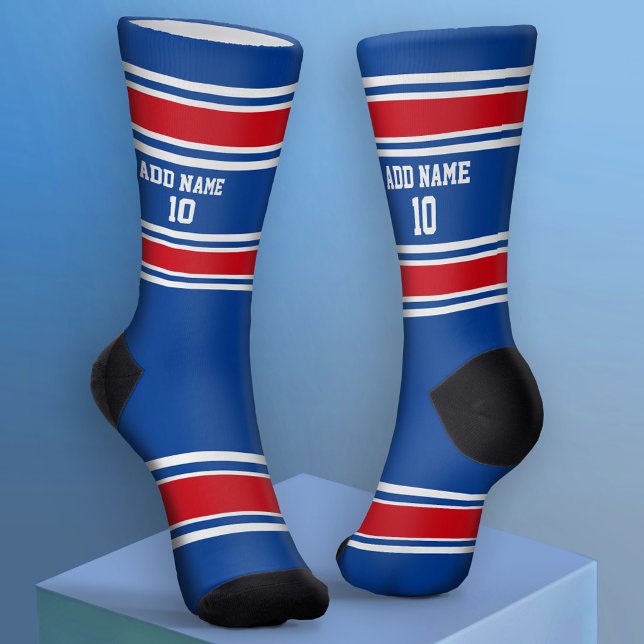 Blue and Red Sport Jersey - Name Number Socks (Custom Sport Socks - Add Jersey Name and Number)