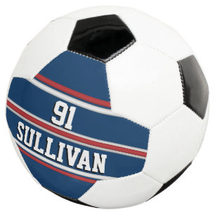 Blue and Red Sports Stripes w/ Player Name Number Soccer Ball
