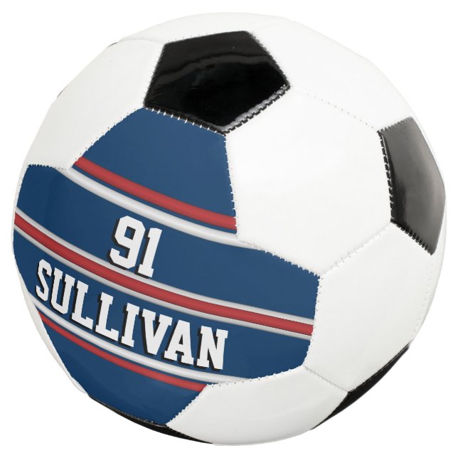 Blue and Red Sports Stripes w/ Player Name Number Soccer Ball (Three Quarter)