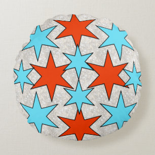 Blue and Red Star Print Round Cushion