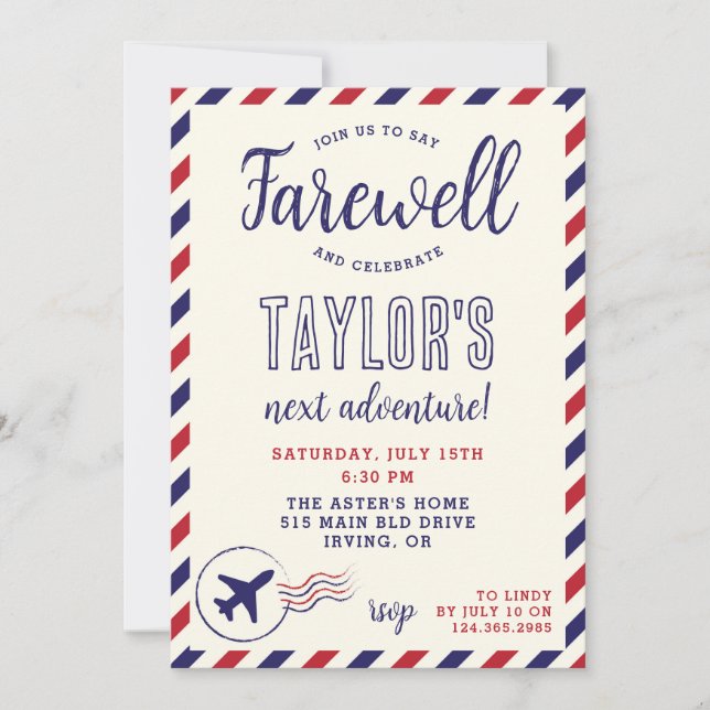 Blue and Red Stripe Farewell Party Invitation (Front)