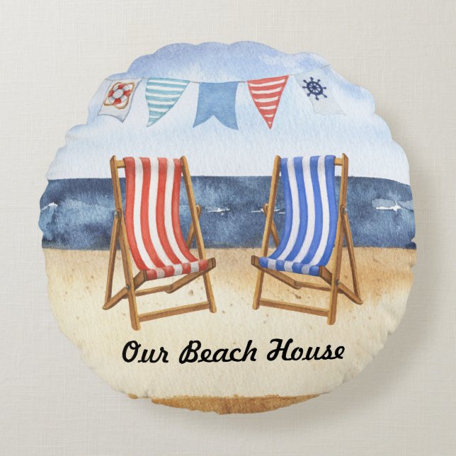 Blue and Red Striped Beach Chairs Round Cushion (Front)