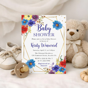 Blue and Red Summer Flowers Frame Baby Shower Invitation