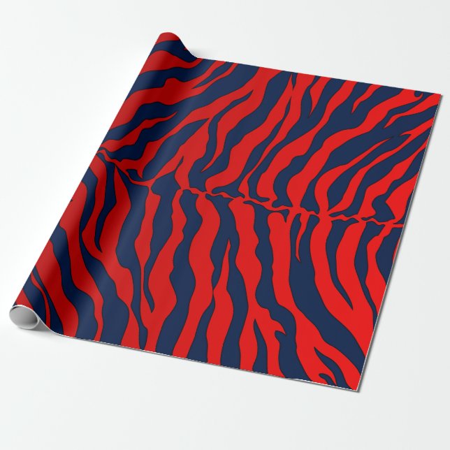 Blue And Red Tiger Stripes Animal Print Wrapping Paper (Unrolled)