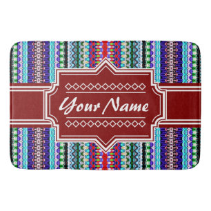 Blue and Red Tribal Ikat Chevron Personalized Bath Mat
