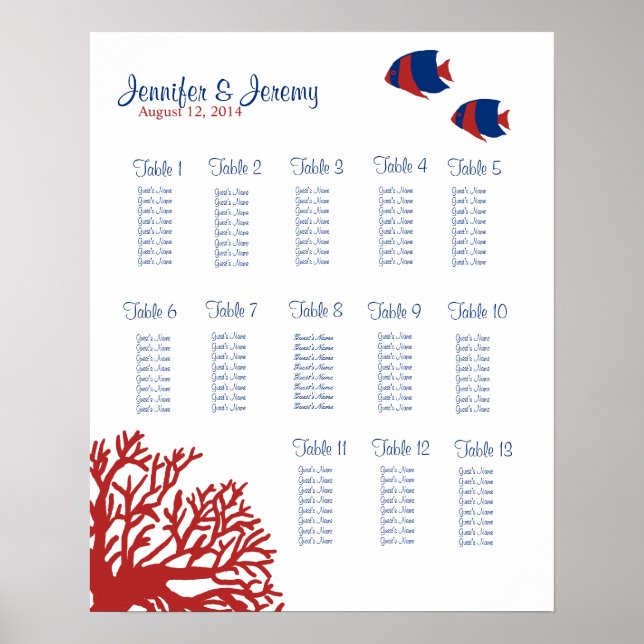 Blue and Red Tropical Fish Seating Chart 16x20 (Front)