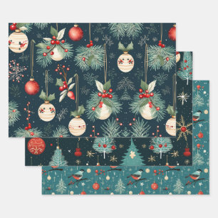 Blue and Red Vintage Christmas Patterns Wrapping Paper Sheet