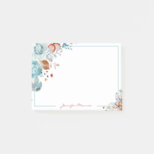 Blue and red watercolor flowers personalised post-it notes (Front)