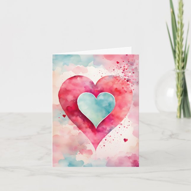 Blue and Red Watercolor Hearts Valentine Holiday Card (Front)