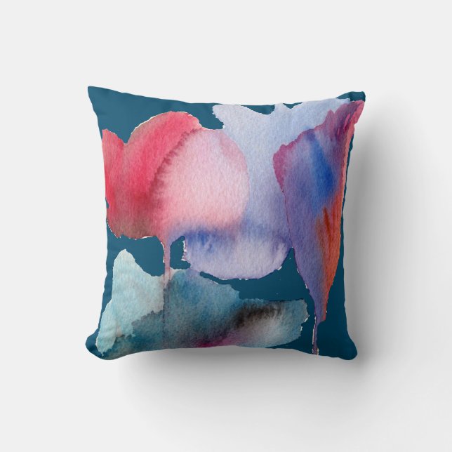 Blue and red watercolour floral large flowers cushion (Front)