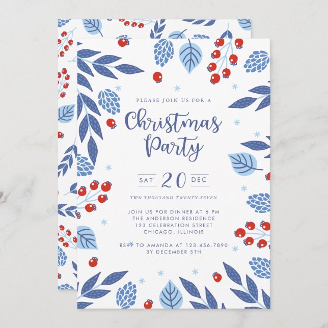 Blue and Red Winter Foliage Christmas Party Invitation (Front/Back)
