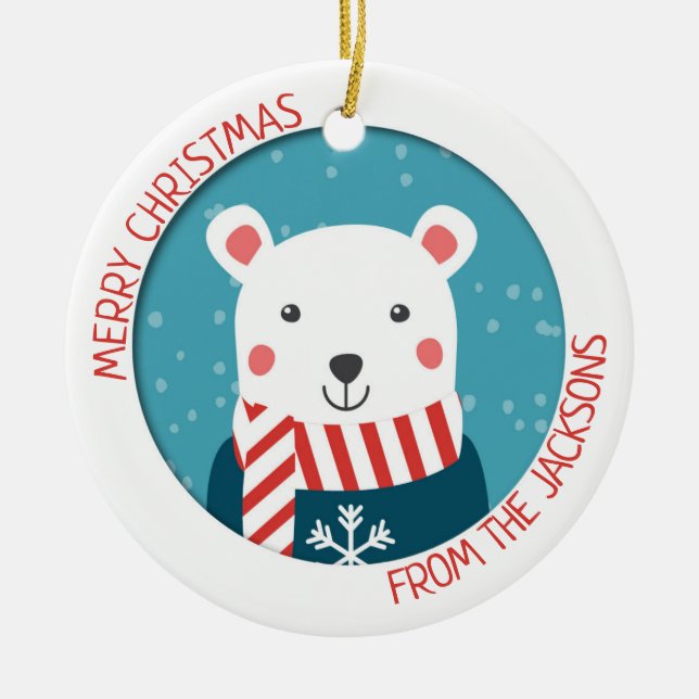 Blue and red with polar bear snowy christmas ceramic ornament (Front)