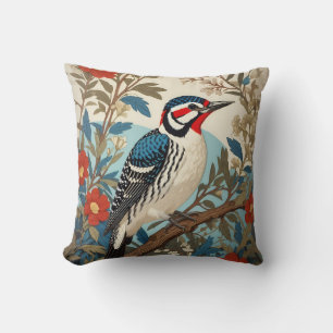 Blue And Red Woodpecker Nature Inspired Bird Cushion