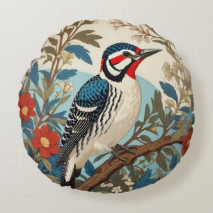 Blue And Red Woodpecker Nature Inspired Bird Round Cushion
