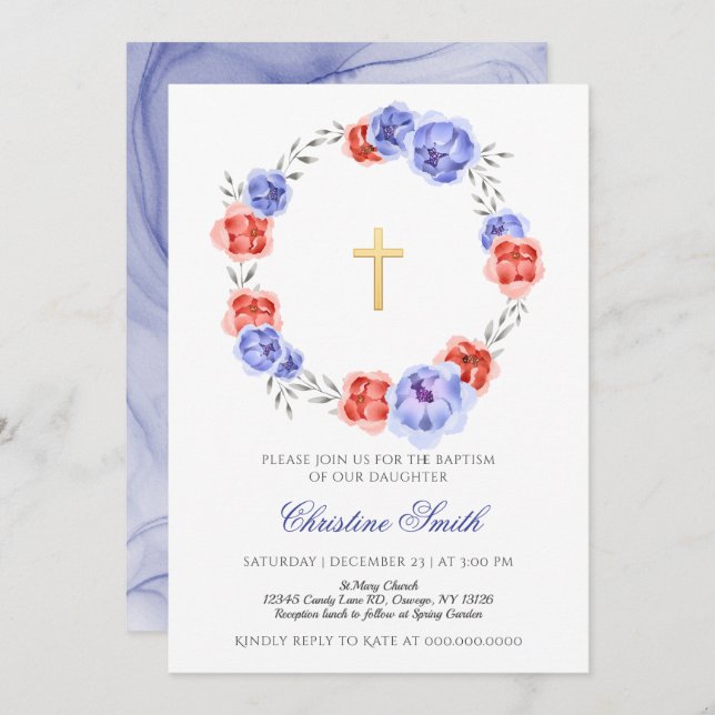 Blue And Red Wreath Floral Girl Boy Baptism Invitation (Front/Back)