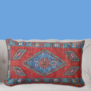 Blue and Rose Antique Turkish Oriental Rug Design Lumbar Cushion