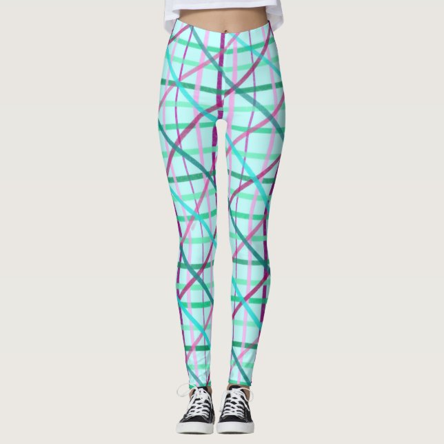 Blue and Rose Chequered Pattern Leggings (Front)