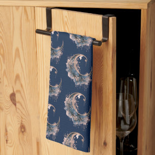 Blue and Rose Gold Crescent Moon Pattern Halloween Tea Towel