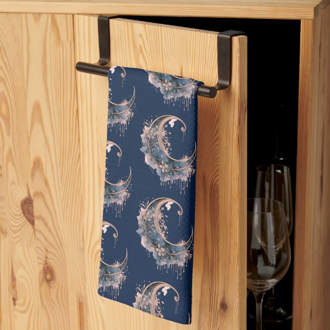 Blue and Rose Gold Crescent Moon Pattern Halloween Tea Towel (Thirds Fold)