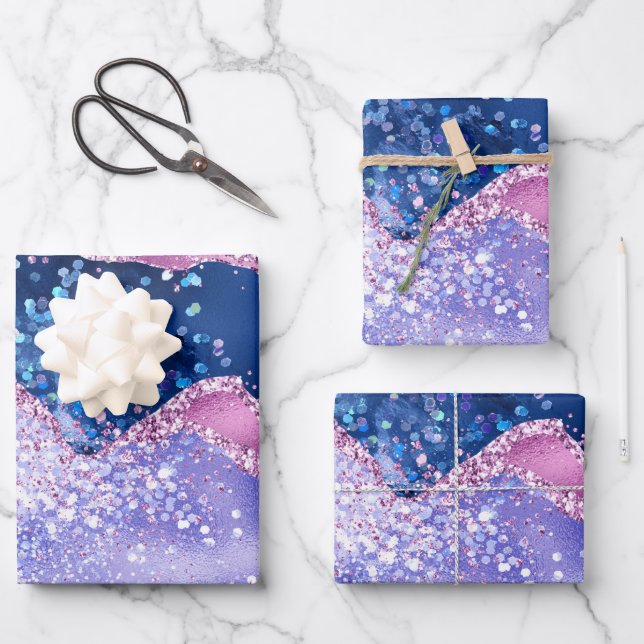Blue and Rose Gold Glitter Agate Wrapping Paper Sheet (Front)