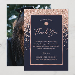 Blue and Rose Gold Photo Graduation Thank You Card