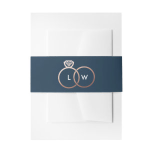 Blue and Rose Gold Wedding Ring Monogram Invitation Belly Band