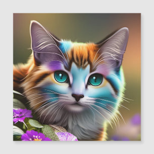 blue and rust calico cat and flowers  
