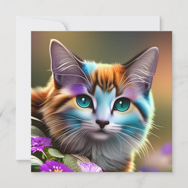 blue and rust calico cat and flowers   (Front)