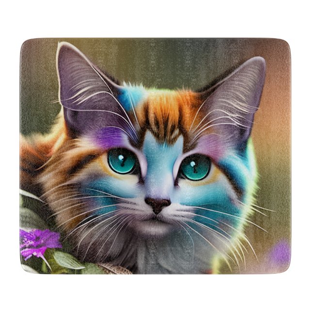 blue and rust calico cat and flowers  cutting board (Front)