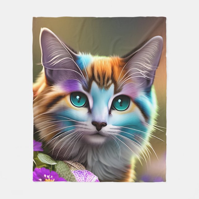 blue and rust calico cat and flowers   fleece blanket (Front)