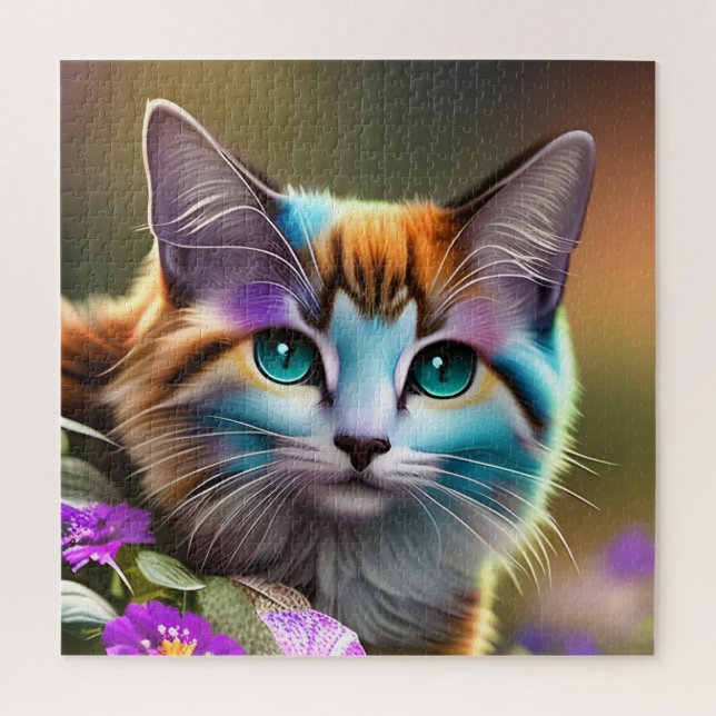 blue and rust calico cat and flowers   jigsaw puzzle (Vertical)
