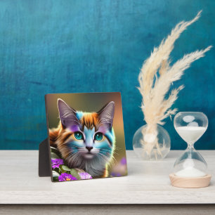 blue and rust calico cat and flowers plaque