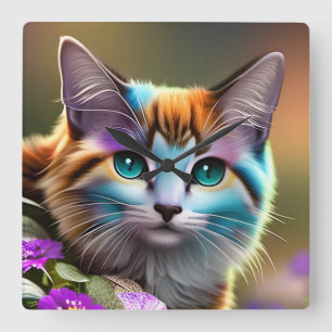 blue and rust calico cat and flowers  square wall clock
