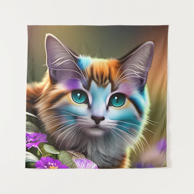 blue and rust calico cat and flowers  tapestry (Front)