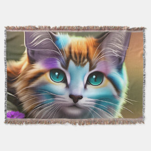 blue and rust calico cat and flowers   throw blanket