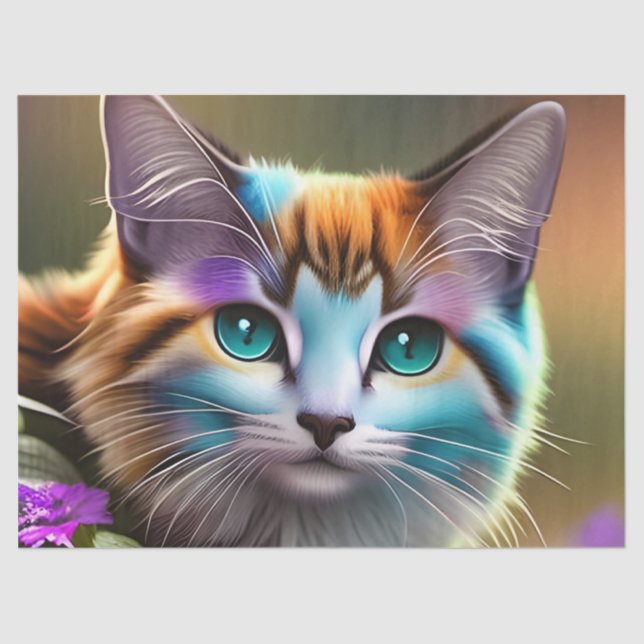 blue and rust calico cat and flowers tissue paper (Front)