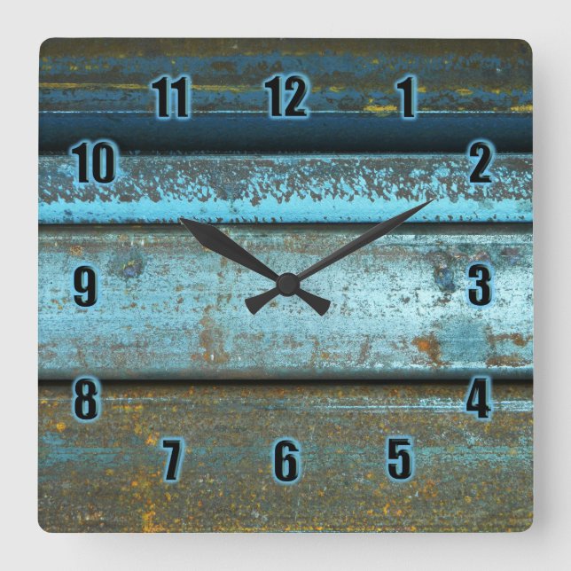 Blue and rust rugged weathered rusted metal square wall clock (Front)