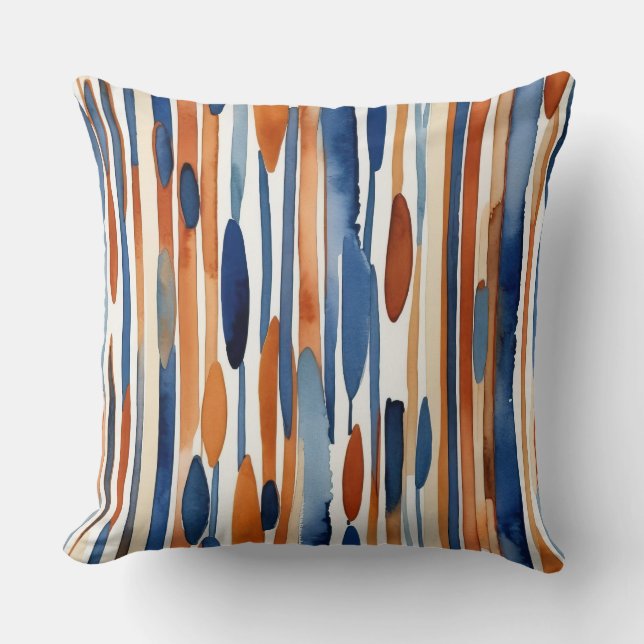 Blue and rusty orange abstract stripes cushion (Front)