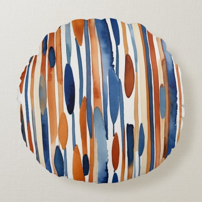 Blue and rusty orange abstract stripes round cushion (Front)