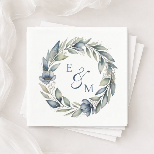 Blue and Sage Floral Wreath Wedding Napkin (Creator Uploaded)