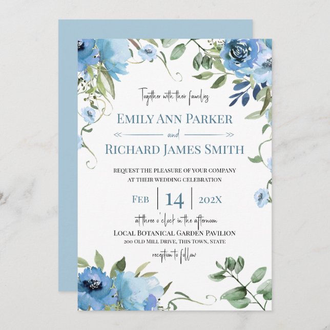 Blue and Sage Watercolor Floral Wedding Invitation (Front/Back)